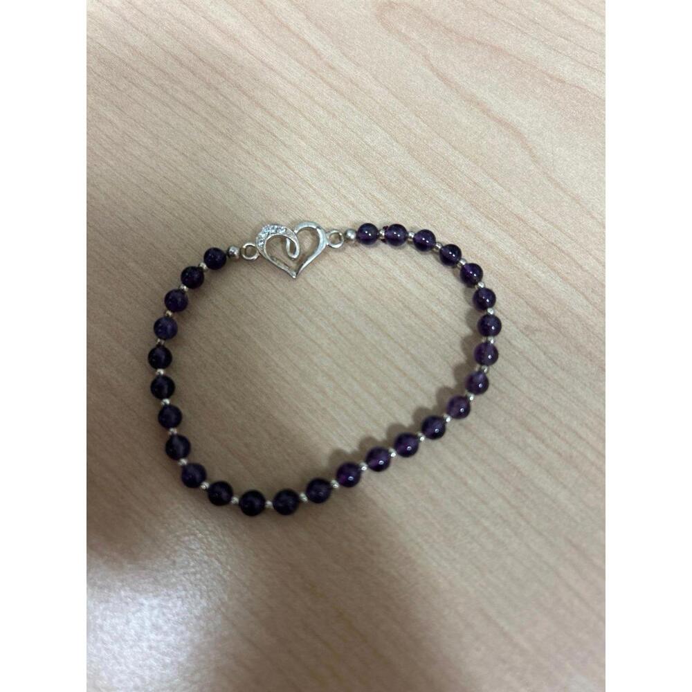 Amythist Beaded Bracelet with Sterling Silver Heart